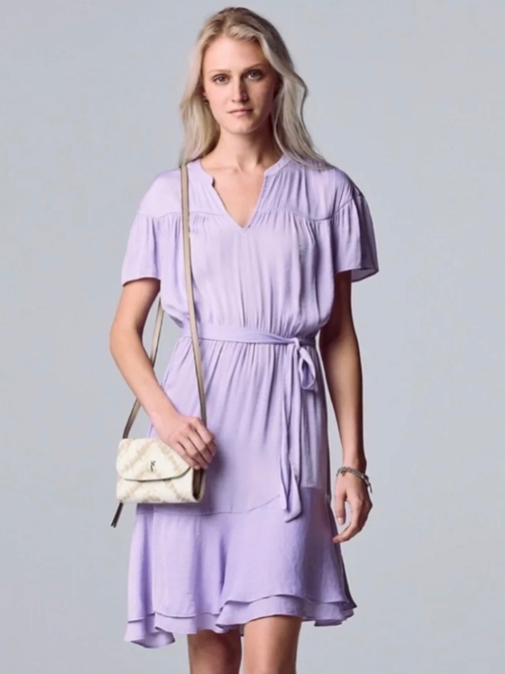 Simply Vera Vera Wang Asymmetrical Double Ruffle Hem Dress size XS lavender belt